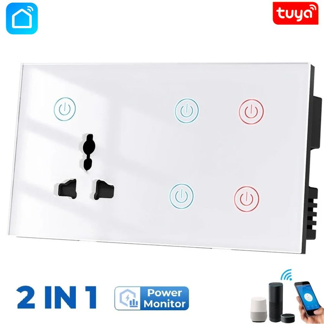 4 gang plus socket Tuya Smart WiFi 4 gang + Socket Wall Switch - White/Black - Image 1