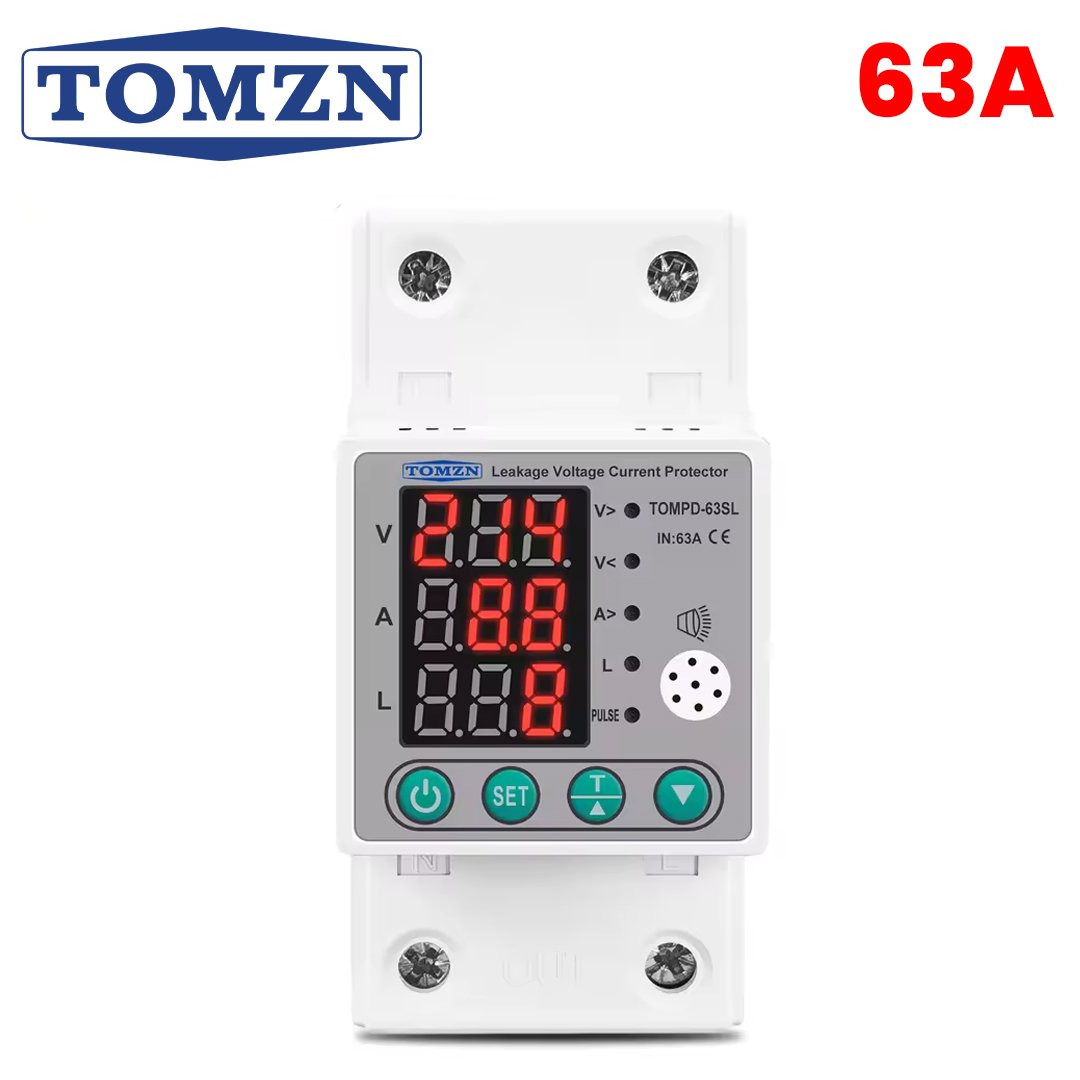 TOMZN 63A Dinrail Over Under Leakage Protector TOMPD-63SL TOMZN Voltage Protector 63A – Over/Under Voltage & Leakage Protection Breaker (TOMPD-63SL) - Image 1