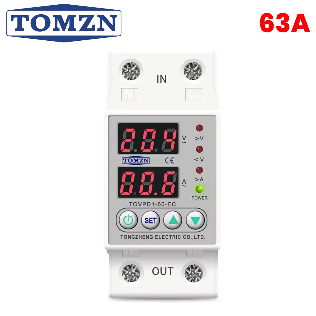 Tomzn 63A Din Rail Adjustable Over-Under Voltage Protector TOMZN Voltage Protector 63A TOVPDI-63-EC Din Rail | Adjustable 230V Over/Under Voltage Protection - Image 1