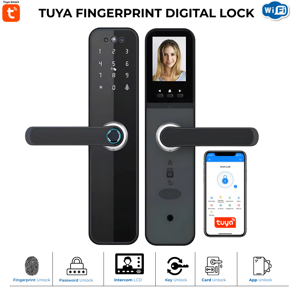 Tuya Fingerprint Digital Lock Tuya WiFi Smart Door Lock with Fingerprint, Password, App & Key – Video Intercom Lock, 6-in-1 Unlock for Home & Office - Image 1