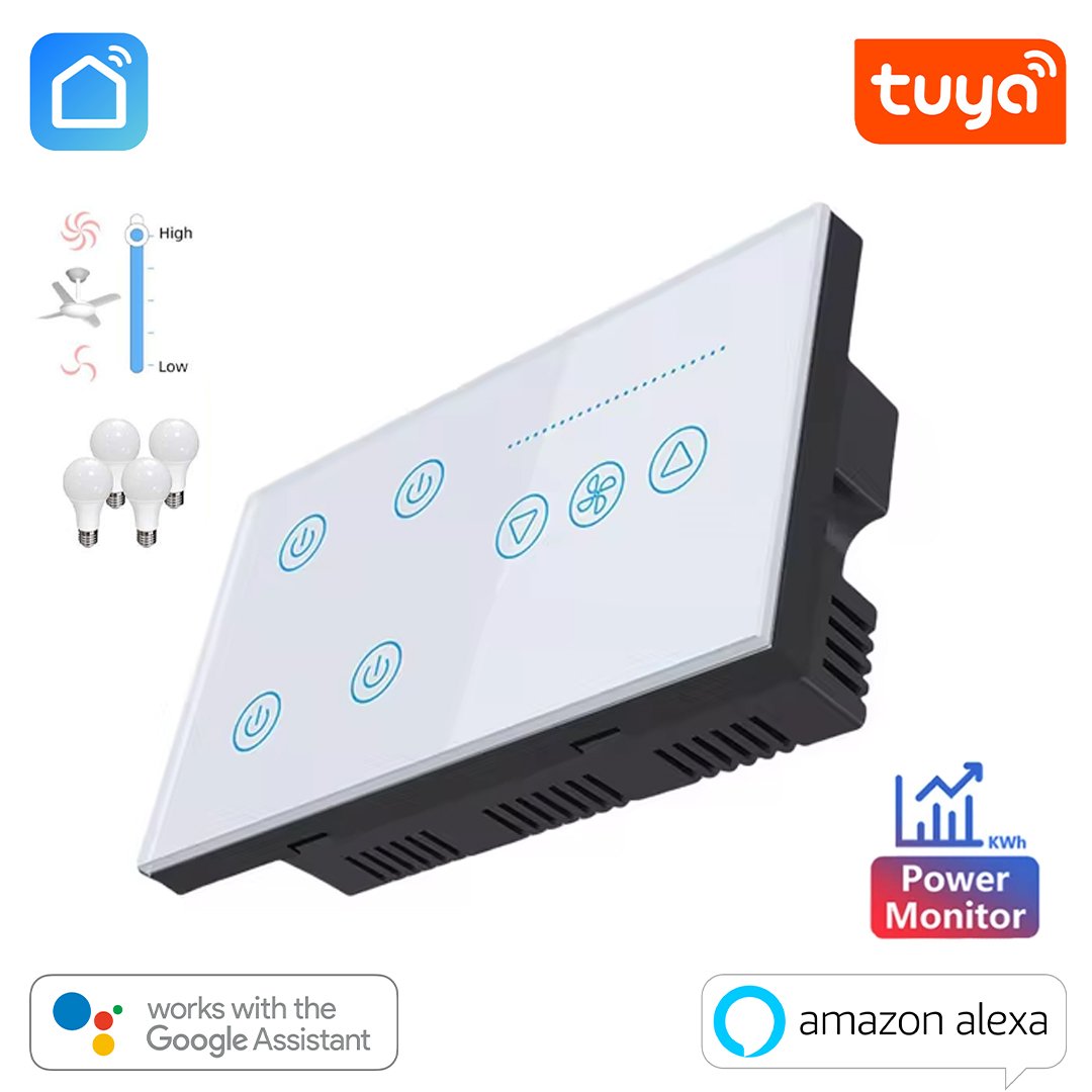 Tuya Smart WiFi 4 gang + Fan Wall Switch US shape power button White Tuya Smart WiFi 4 gang + Fan Wall Switch US - White/Black - Image 1