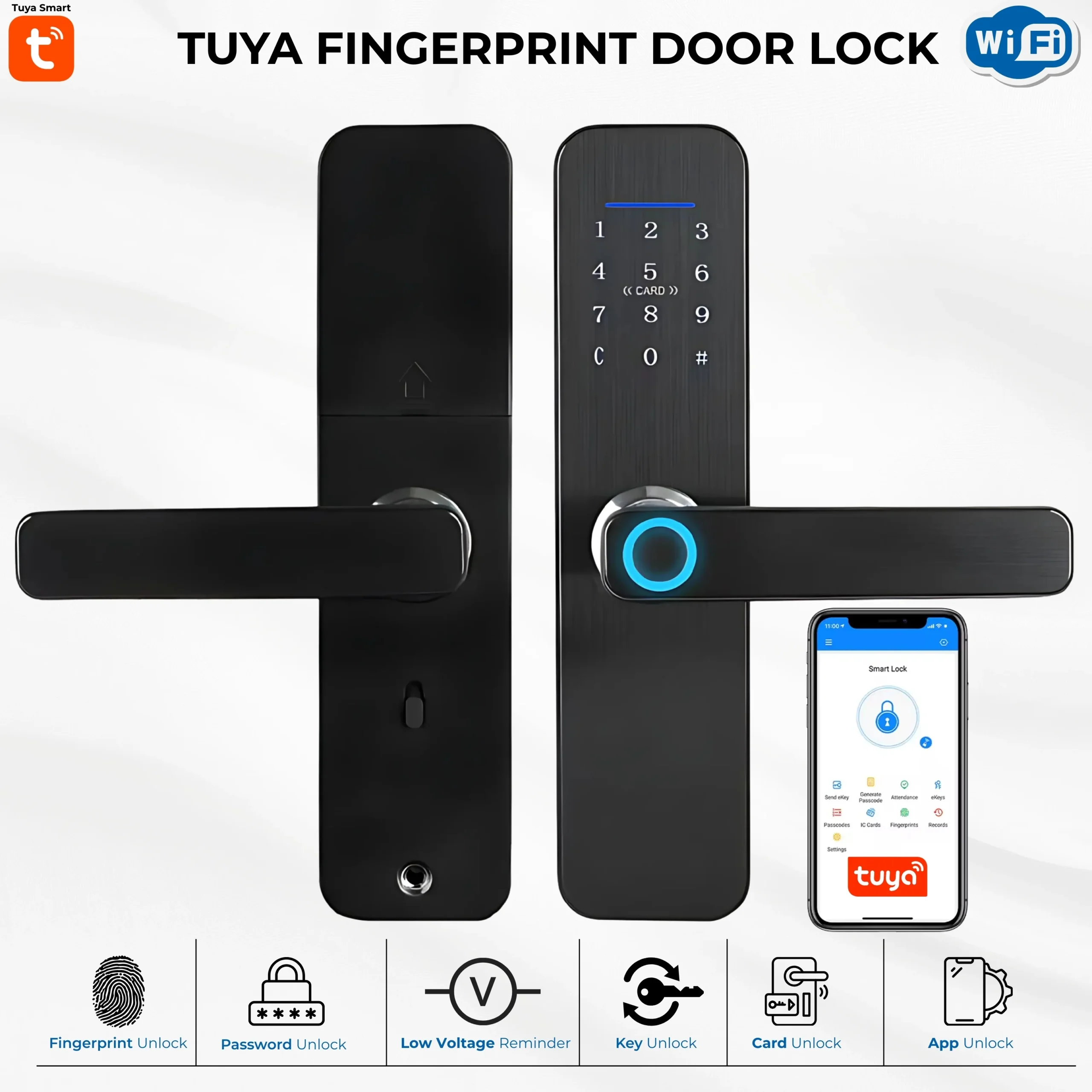 TuyaFingerprintDoorLockd2 Tuya WiFi Smart Door Lock – Fingerprint, Password, IC Card & App Control 5 Way Unlock (F16) - Image 1