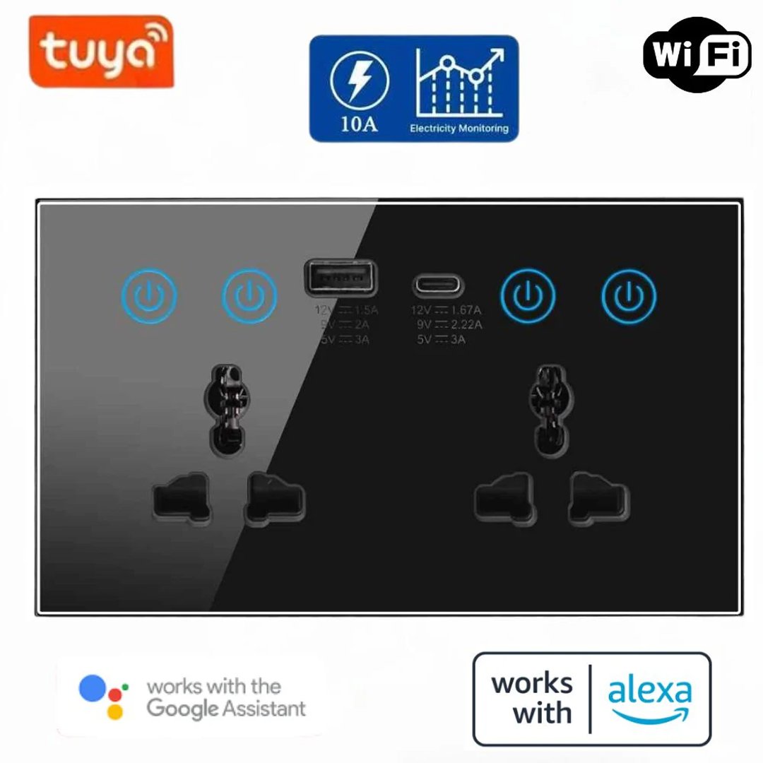 dual socket Tuya Smart WiFi Dual Socket | Universal Plug US/EU/UK | Power Monitor | Works with Alexa & Google | 13A Gang | Tuya App | Black & White - Image 1