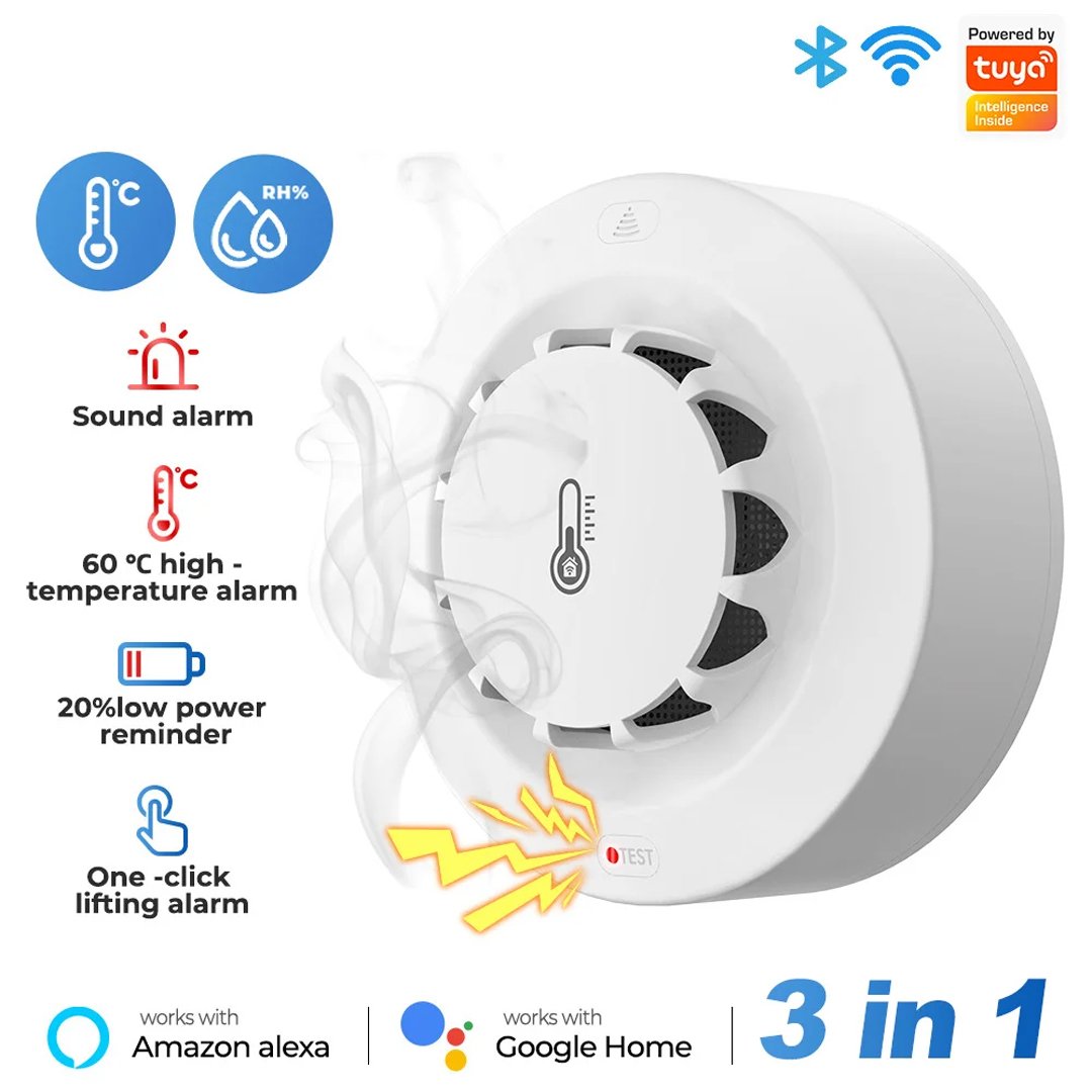 tuya wifi smoke temp and humi sensor 01 Tuya WiFi Smart Smoke Detector with Temperature & Humidity Sensor, 80dB Alarm, Remote Alerts - Image 1
