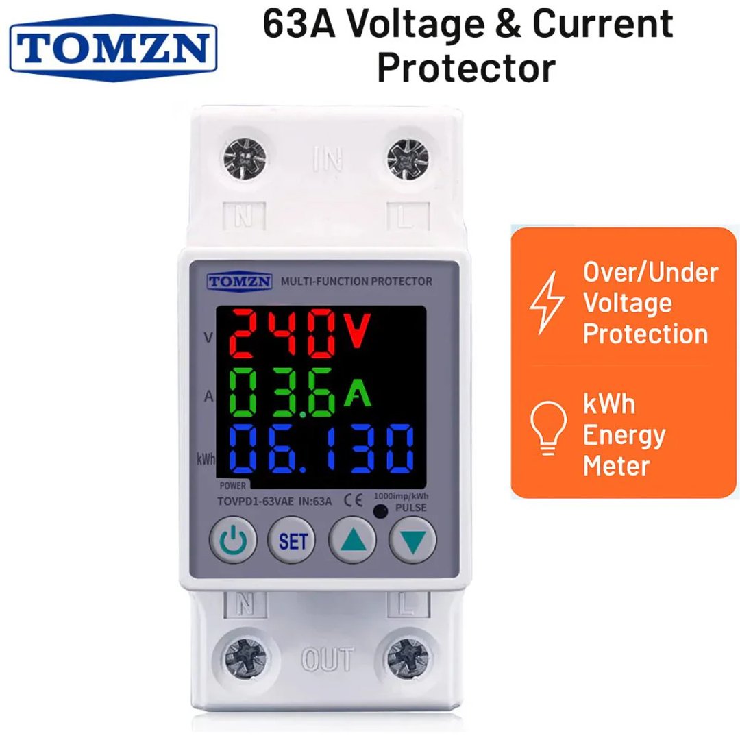 vae protector TOMZN 63A KWH Voltage Protector – Digital kWh Meter, Over/Under Voltage Protection, LCD Display - TOVPD1-63VAE - Image 1